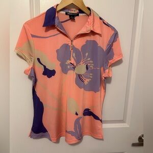 DKNY Golf women’s medium polo. Peach floral print. Excellent condition